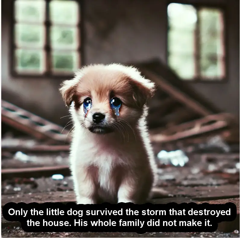 Only a little dog survived the storm that destroyed his house. His whole family did not survive.